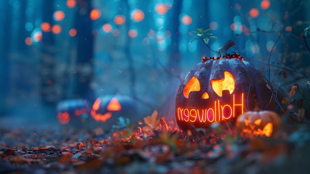 A spooky image of carved pumpkins in a dark, mysterious forest. The pumpkins are lit from within, creating a glowing, eerie effect. The scene is perfect for a Halloween celebration.