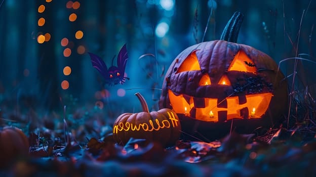 A jack-o'-lantern with a carved smile and glowing eyes sits in a dark forest, surrounded by fallen leaves. A bat flies in the background, adding to the spooky atmosphere.