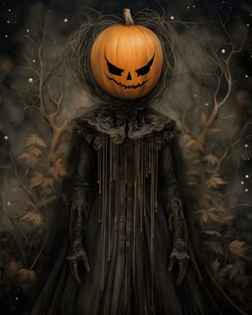 A digital painting of a creepy, scary pumpkin head figure in the dark forest.