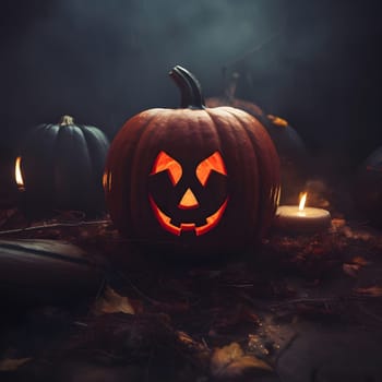 A jack-o'-lantern with a carved smile glows in the dark, surrounded by other pumpkins and candles, creating a spooky and festive Halloween scene.