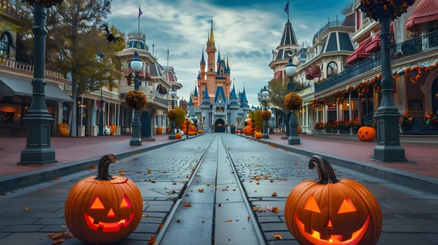 A view down the street of a magical kingdom, adorned with jack-o-lanterns and autumn foliage, leading to a grand castle in the distance.