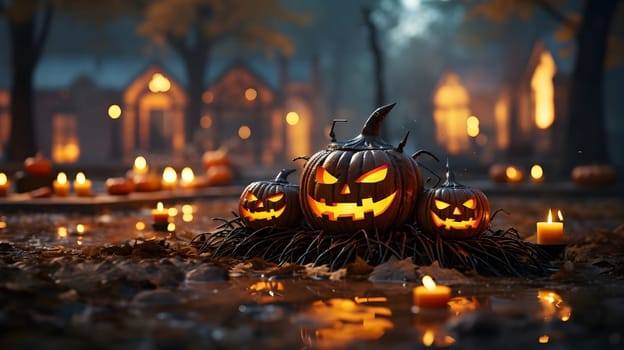 A trio of jack-o-lanterns, carved with spooky faces, glow in the darkness on Halloween night.