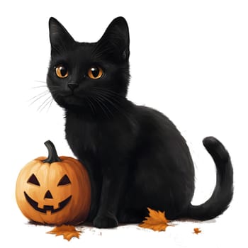 A black cat with orange eyes sits next to a pumpkin on a white background.