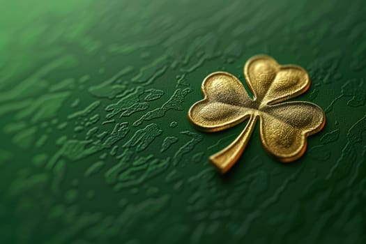 Elegant design for a st. patrick's day card featuring a golden shamrock on a textured matte green background. the soft glow around the edges enhances the refined and minimalist aesthetic, perfect for festive greetings.