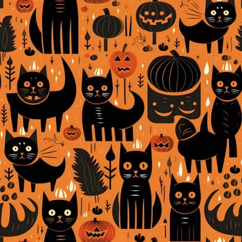 A seamless pattern featuring black cats, pumpkins, and jack-o-lanterns on an orange background, perfect for Halloween decorations and prints.