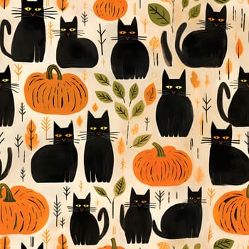A cute and festive pattern featuring black cats and orange pumpkins with autumn leaves, perfect for fall and Halloween decorations.