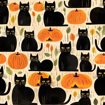 An illustration of black cats and pumpkins, perfect for a Halloween or fall pattern.