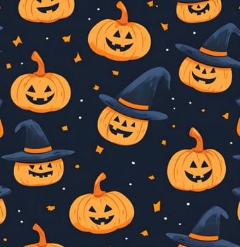 A Halloween pumpkin pattern with a dark background and orange pumpkins with cute jack-o-lantern faces, some wearing hats.