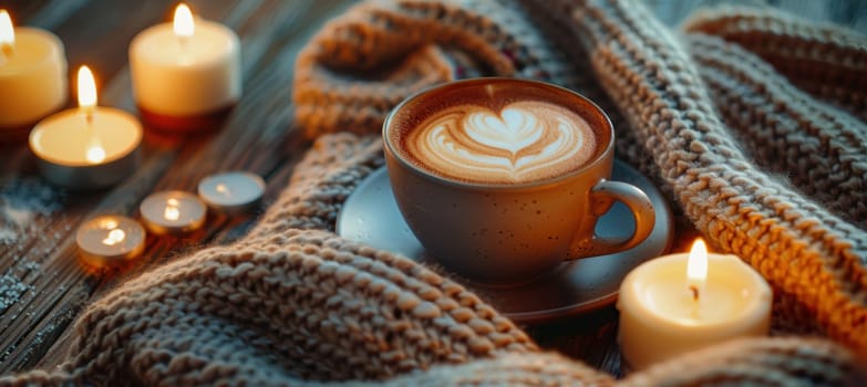 Valentine's day themed image featuring a heart-shaped latte art in a coffee cup, surrounded by glowing candles and a knitted blanket on a rustic wooden table, creating a warm and intimate atmosphere.