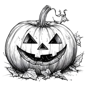 A detailed black and white illustration of a jack-o'-lantern pumpkin, ready for Halloween.