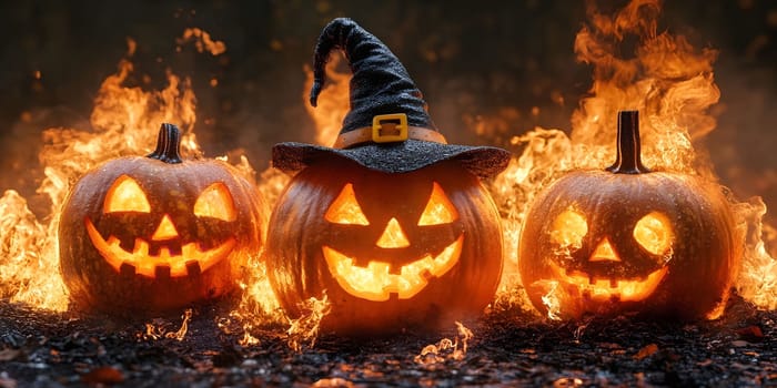 Three pumpkins are set ablaze, creating a spooky and festive scene. The glowing jack-o-lanterns with carved faces and a witch's hat are surrounded by flames, perfect for a Halloween celebration.