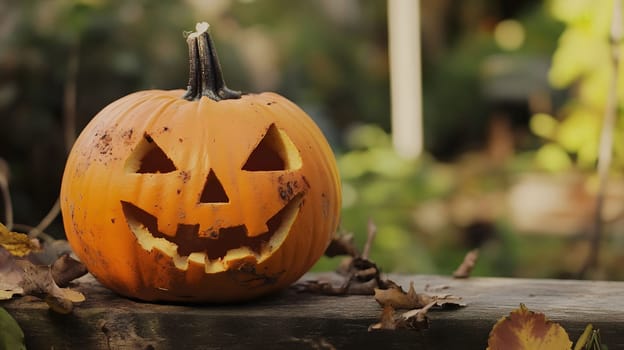 A carved pumpkin, also known as a jack-o'-lantern, rests on a wooden surface with scattered leaves. The pumpkin is lit from inside and its smiling face looks playful and spooky. The orange pumpkin stands out against the green and brown background.