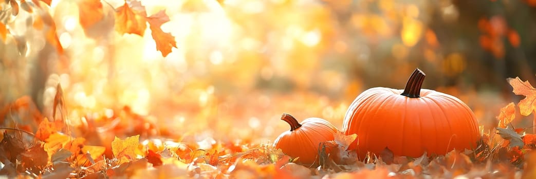 Two pumpkins sit among fallen autumn leaves, creating a picturesque scene of the season.