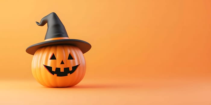 A smiling pumpkin wearing a witch hat against an orange background.