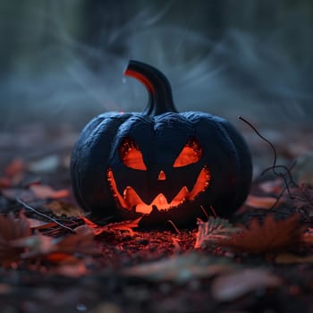 A close-up shot of a spooky jack-o-lantern with a carved grin, glowing ominously in the dark forest. The leaves are scattered on the ground, adding to the eerie atmosphere.