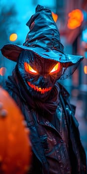 A person wearing a spooky halloween pumpkin mask with glowing eyes.
