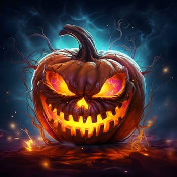 A spooky Halloween pumpkin with glowing eyes and a creepy smile sits in a dark and stormy night. The fiery flames add to the eerie atmosphere.