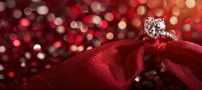 A sophisticated valentine's day banner showcases a diamond ring elegantly placed on a red silk ribbon, tied into a heart shape. the soft glow and shimmering red background enhance the luxurious and romantic ambiance.