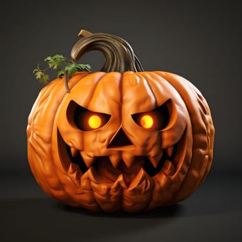 A 3D rendered image of a spooky Halloween pumpkin with glowing eyes and a wide grin. The pumpkin is carved with a scary face, with sharp teeth and a menacing expression. The pumpkin is lit from within, making its eyes glow brightly.