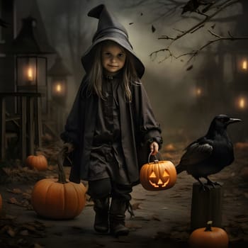 A little girl dressed as a witch walks through a spooky forest with a jack-o-lantern. She is trick or treating on Halloween night.