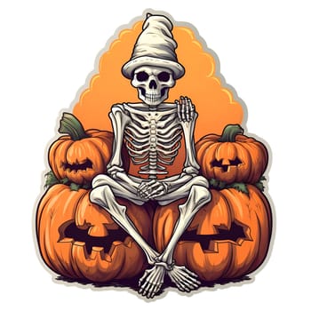 A cartoon skeleton wearing a hat sits atop a throne made of pumpkins.
