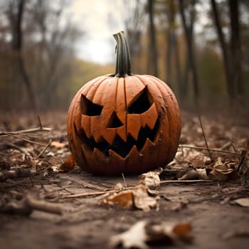 A close-up of a spooky jack-o'-lantern with a carved scary face, lying on the ground in a dark, leaf-covered forest.