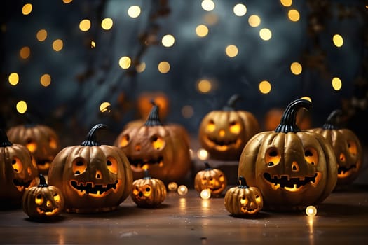 Close up of a group of jack-o'-lanterns lit up with glowing orange light against a dark background. The pumpkins are carved with spooky faces and are set on a rustic wooden table.