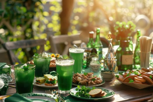 St. patrick's day outdoor brunch showcasing traditional irish breakfast dishes, green drinks, and shamrock-themed tableware. the setup is bathed in sunlight, creating a festive and vibrant atmosphere perfect for celebration.