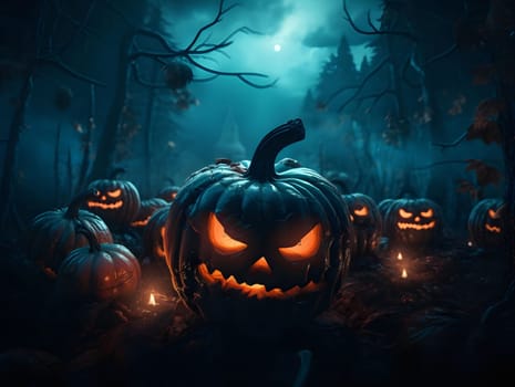 A group of jack-o'-lanterns with glowing eyes stand in a dark forest on a moonlit night. The scene is full of spooky charm, hinting at the mysteries and thrills of Halloween.