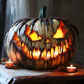A creepy carved pumpkin lit by candles with an evil grin.