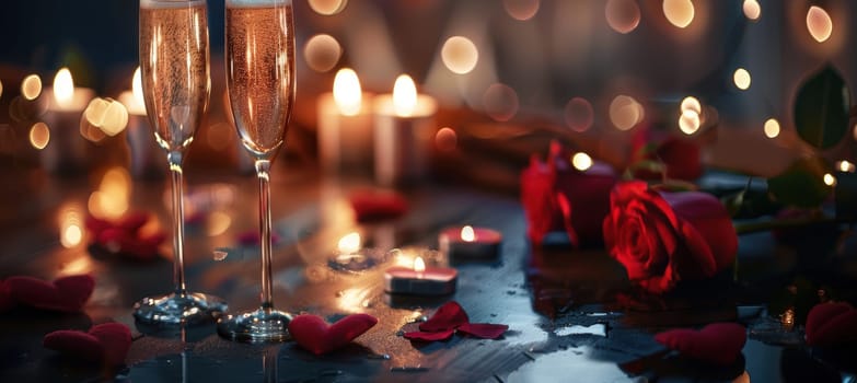Romantic valentine's day ambiance featuring two champagne glasses surrounded by red roses and heart-shaped candles on a table. the warm, intimate lighting creates a perfect setting with space for personalized text.