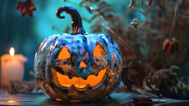 A close-up of a spooky jack-o'-lantern carved with a glowing face, lit by a candle against a dark, fall-themed background. The pumpkin is decorated with a blue and silver glaze for a unique, eerie effect.