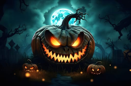A large menacing pumpkin with a sinister grin, illuminated by the glow of a full moon, sits in a dark forest. The image evokes a sense of Halloween fear.