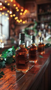 Traditional irish whiskey bottles are displayed on a wooden bar, adorned with a shamrock garland. soft lighting creates a cozy, festive atmosphere, ideal for celebrating st. patrick's day in a warm, inviting setting.