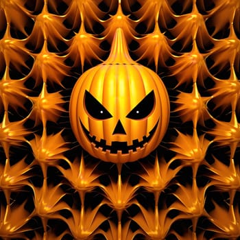 A 3D illustration of a spooky jack-o'-lantern pumpkin on a background of a web. The pumpkin has a scary grin and is surrounded by an intricate web of orange threads