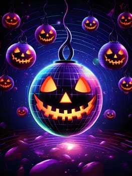 A digital illustration of a glowing disco ball shaped like a pumpkin jack-o-lantern, surrounded by smaller jack-o-lanterns for Halloween.