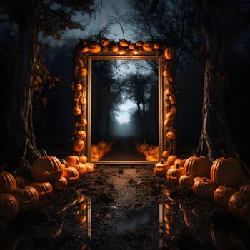 A spooky forest scene with a golden frame adorned with pumpkins that leads to a mysterious path.