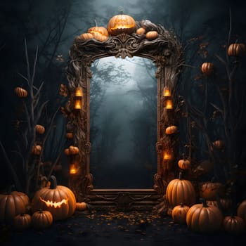 A spooky forest scene with a mirror in the center, surrounded by Jack-o-lanterns and trees. The mirror reflects a misty and dark path leading into the depths of the forest, creating a sense of mystery and magic.
