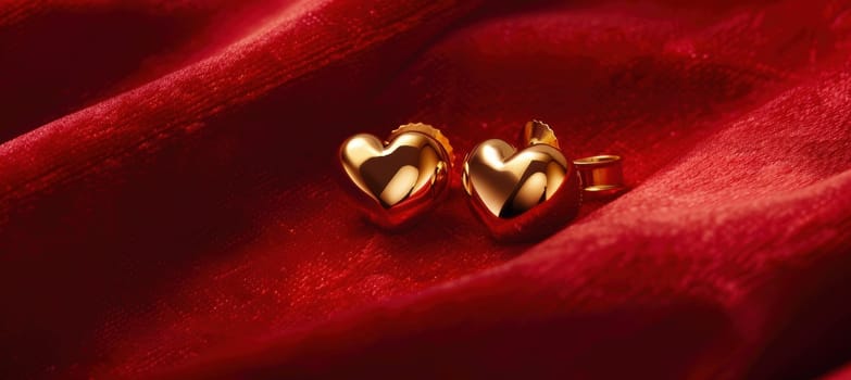 Elegant gold heart-shaped earrings rest on vibrant red velvet fabric, illuminated by soft lighting. the luxurious design is ideal for valentine's day promotions, leaving ample space for personalized text or branding.