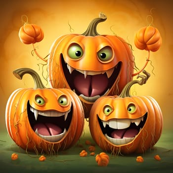 Three grinning pumpkins with big toothy smiles, each with a distinct personality.
