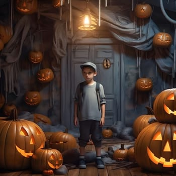 A boy standing in a doorway surrounded by pumpkins for Halloween