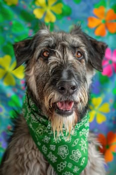 Irish wolfhound wearing a green bandana stands against a vibrant st. patrick's day backdrop filled with colorful shamrocks and clovers. the scene embodies the festive spirit and joyful celebration of the holiday.