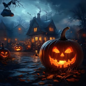 A spooky Halloween scene with glowing jack-o'-lanterns in front of a creepy old house.