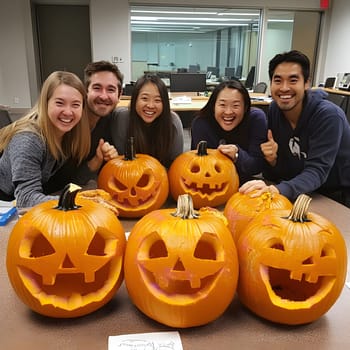 A group of friends celebrate Halloween with carved pumpkins, displaying joy and camaraderie.