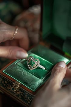 A detailed close-up of a claddagh ring symbolizing love and friendship, set in a green satin jewelry box with shamrock accents. the heart, crown, and hands design reflects irish heritage and tradition.