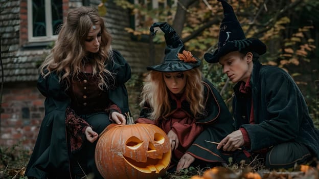Three witches dressed in traditional costumes carve a jack-o'-lantern in a spooky forest.