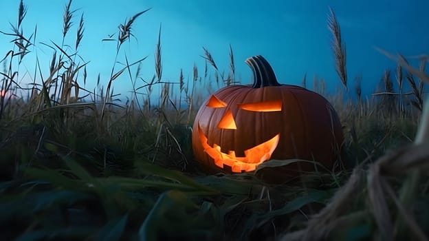 A glowing jack-o-lantern sits in a field of tall grass under a dark blue sky.