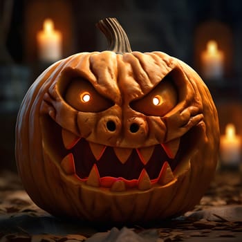 A close-up of a carved pumpkin with a sinister grin, illuminated from within, creating a spooky and festive Halloween atmosphere.