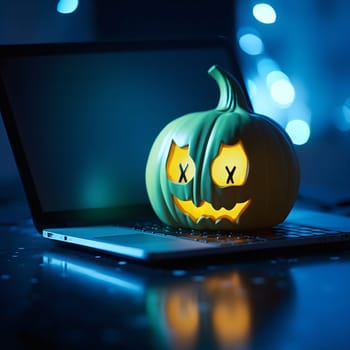 A jack-o'-lantern sits on a laptop computer with the glow of the pumpkin illuminating the keyboard. The image has a dark and eerie atmosphere, perfect for Halloween.