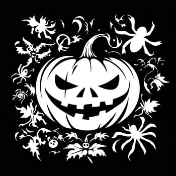 A black and white illustration of a spooky jack-o'-lantern surrounded by spiders. The design is perfect for Halloween cards and decorations.